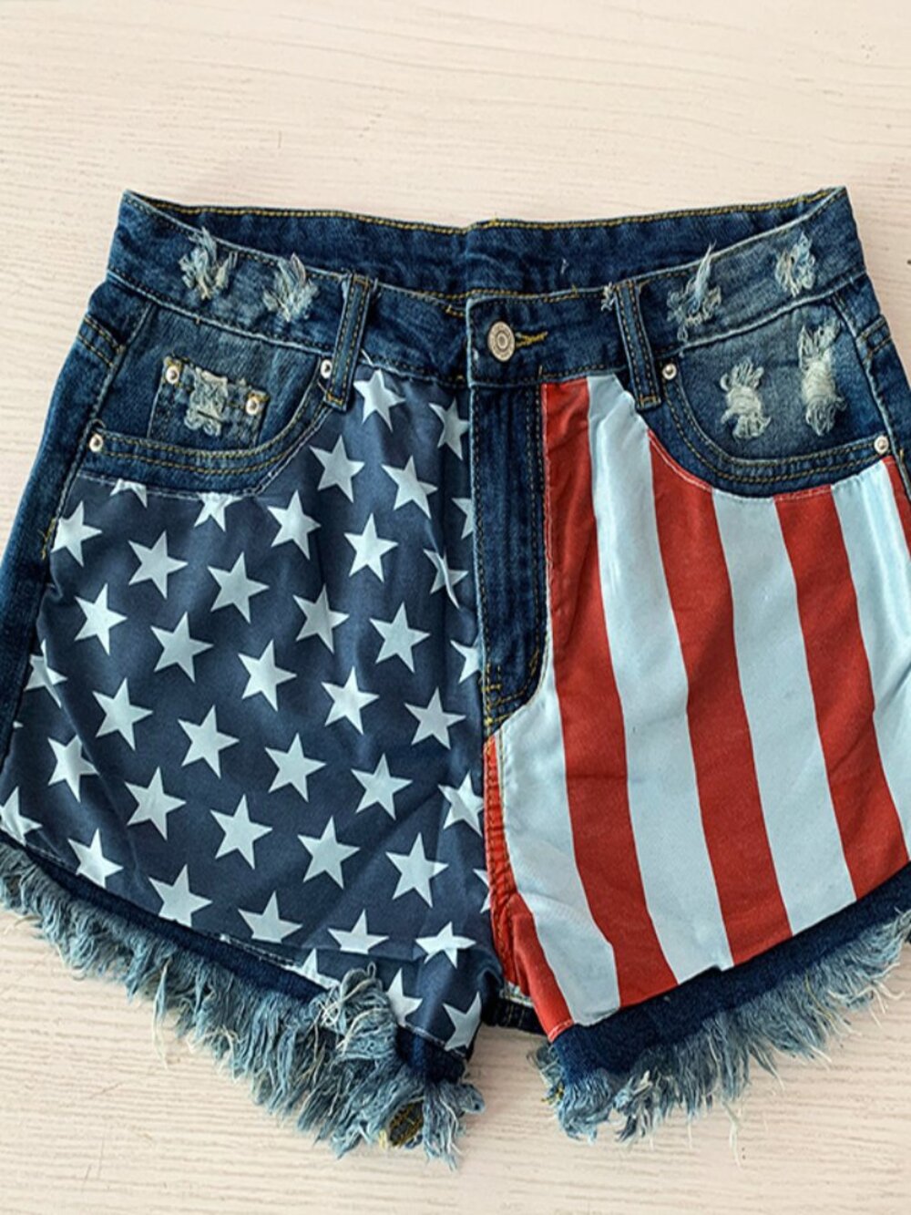 Vintage-Style American Flag Distressed Denim Shorts • Fourth of July Outfit